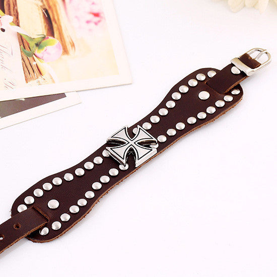 Women's Leather Iron Cross Bracelet