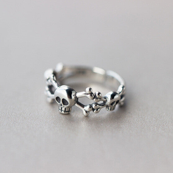 Women's 925 Sterling Silver Skull & Bones Biker Ring