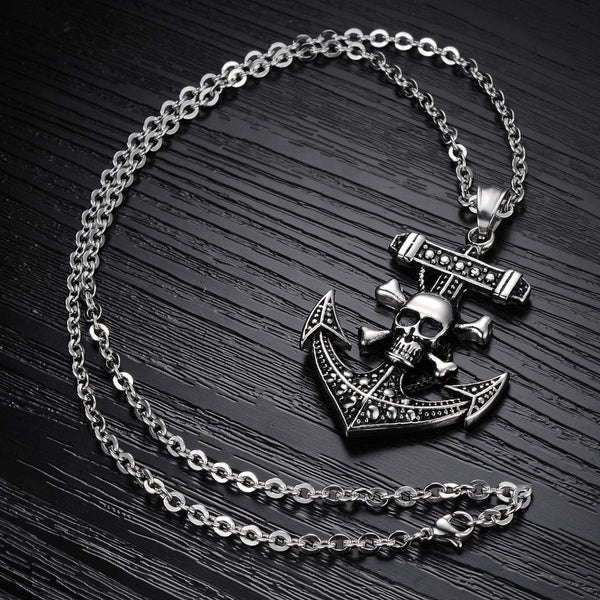 Pirate Skull & Bones Anchor Biker Pendant Necklace