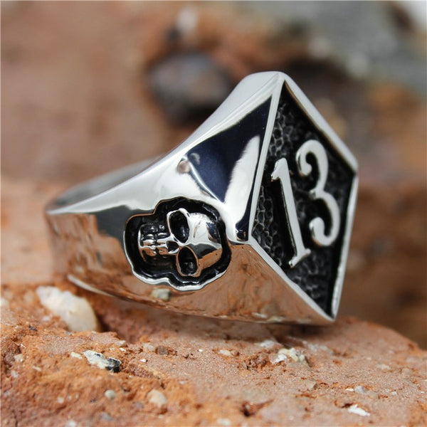 Number 13 Biker Skull Ring