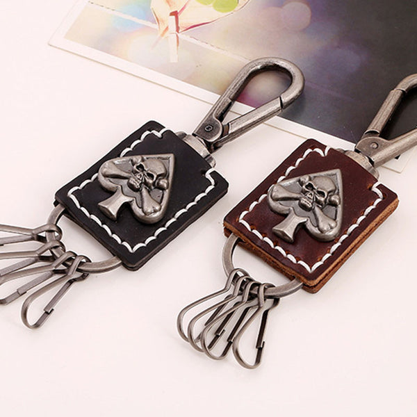 Vintage Leather Spade Skull Biker Key Chain