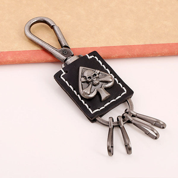 Vintage Leather Spade Skull Biker Key Chain