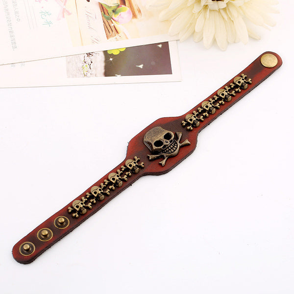 Men's Leather Skeleton Skull Head Bracelet