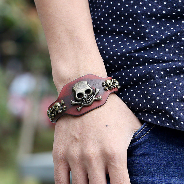 Men's Leather Skeleton Skull Head Bracelet