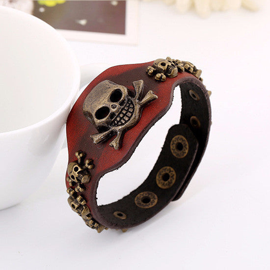 Men's Leather Skeleton Skull Head Bracelet