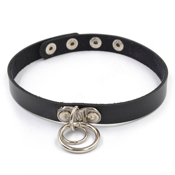 Leather Choker With Double Ring Pendant