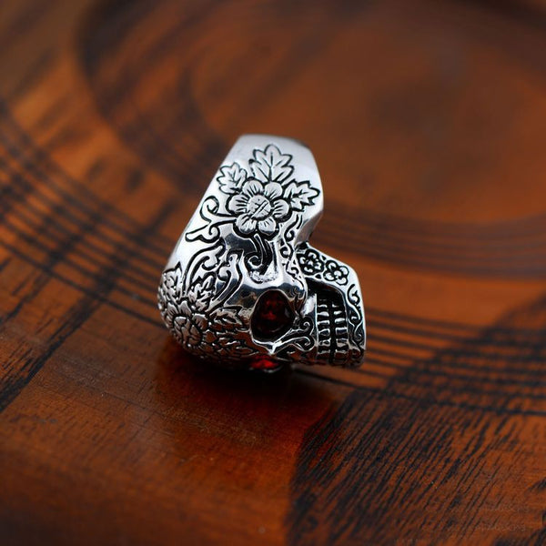 Ornate .925 Sterling Silver Skull Biker Ring