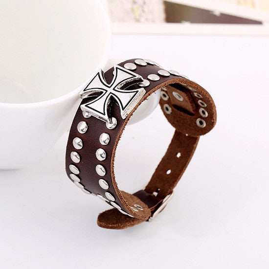 Women's Leather Iron Cross Bracelet