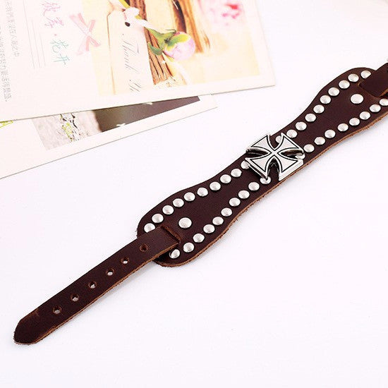 Women's Leather Iron Cross Bracelet