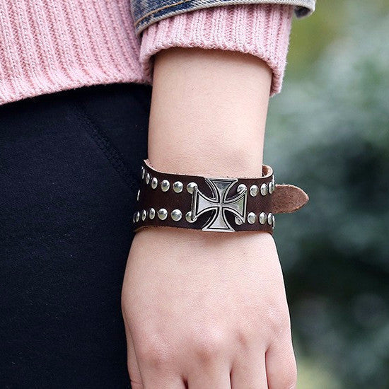 Women's Leather Iron Cross Bracelet