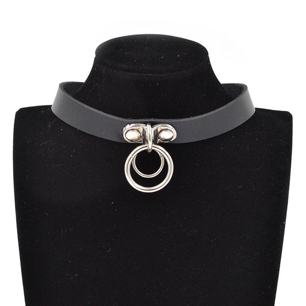 Leather Choker With Double Ring Pendant