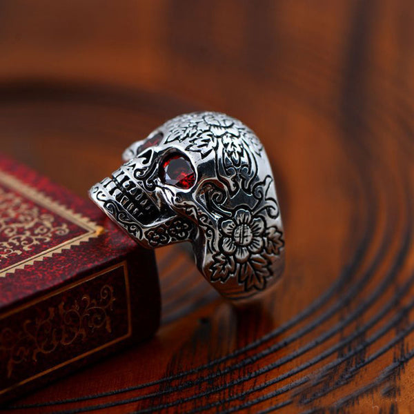 Ornate .925 Sterling Silver Skull Biker Ring