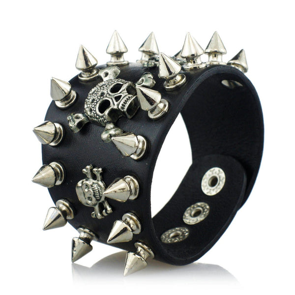 Leather Skull Spiked Biker Bracelet