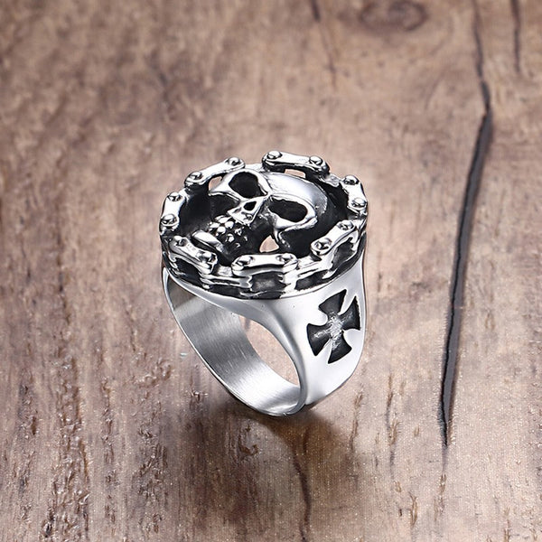 Motorcycle Chain Iron Cross Skull Ring